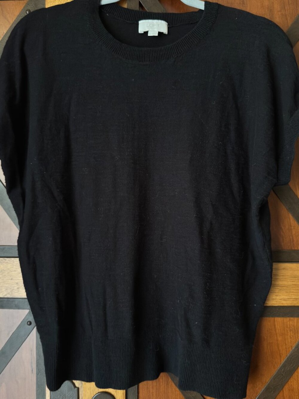 LOFT Black Slub Knit Cap Sleeve Sweater Top Ribbed Trim 100% Cotton Sz L